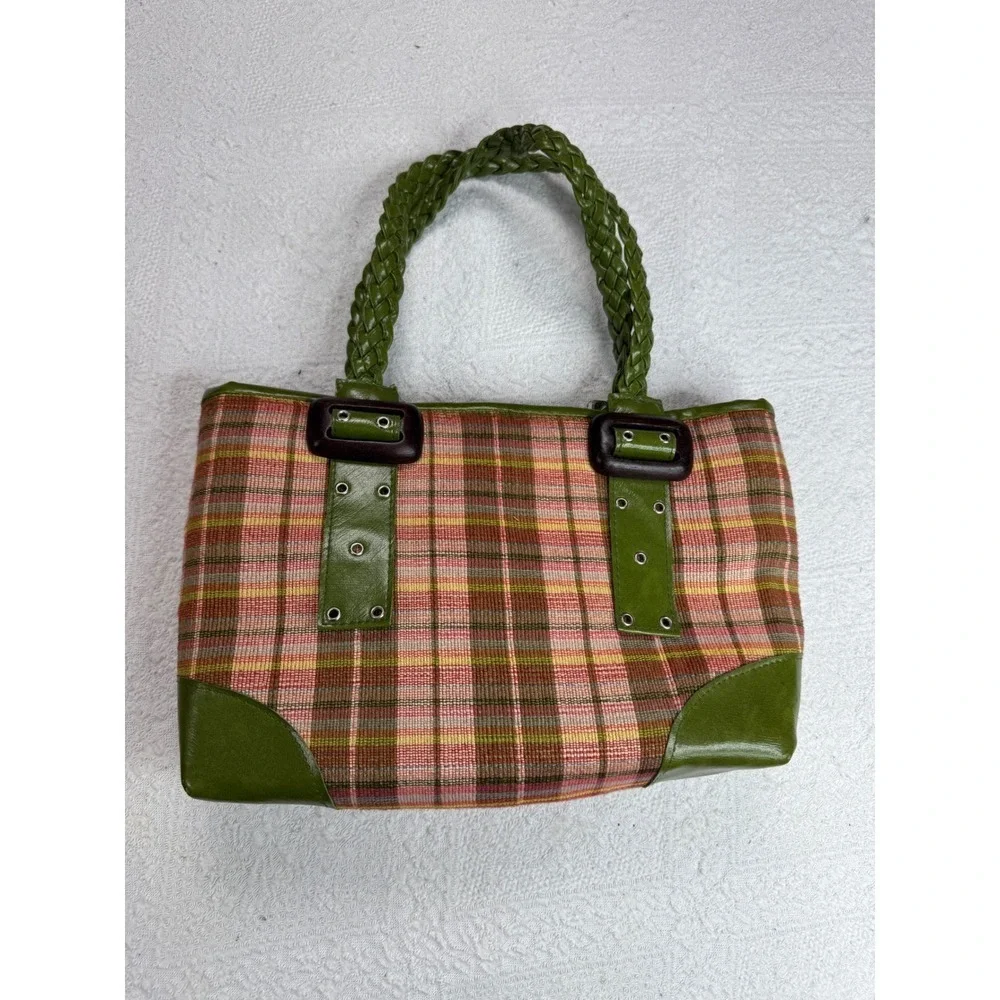 Plaid Tote‎ Bag Green Faux Leather Trim Braided Handles